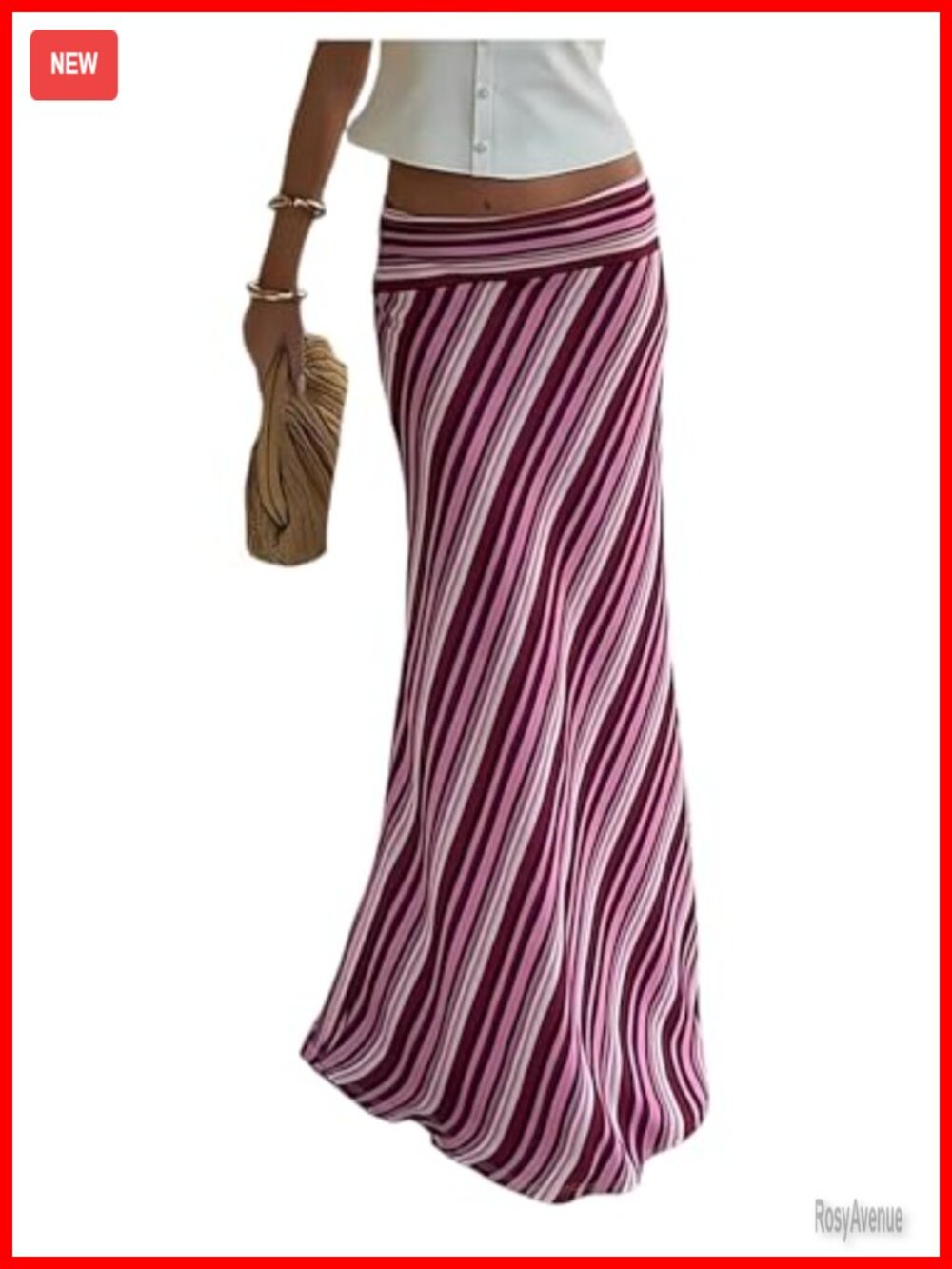 Striped Boho Ruffle Hem Maxi Skirt Polyester Blend Low Rise Women's Dressy